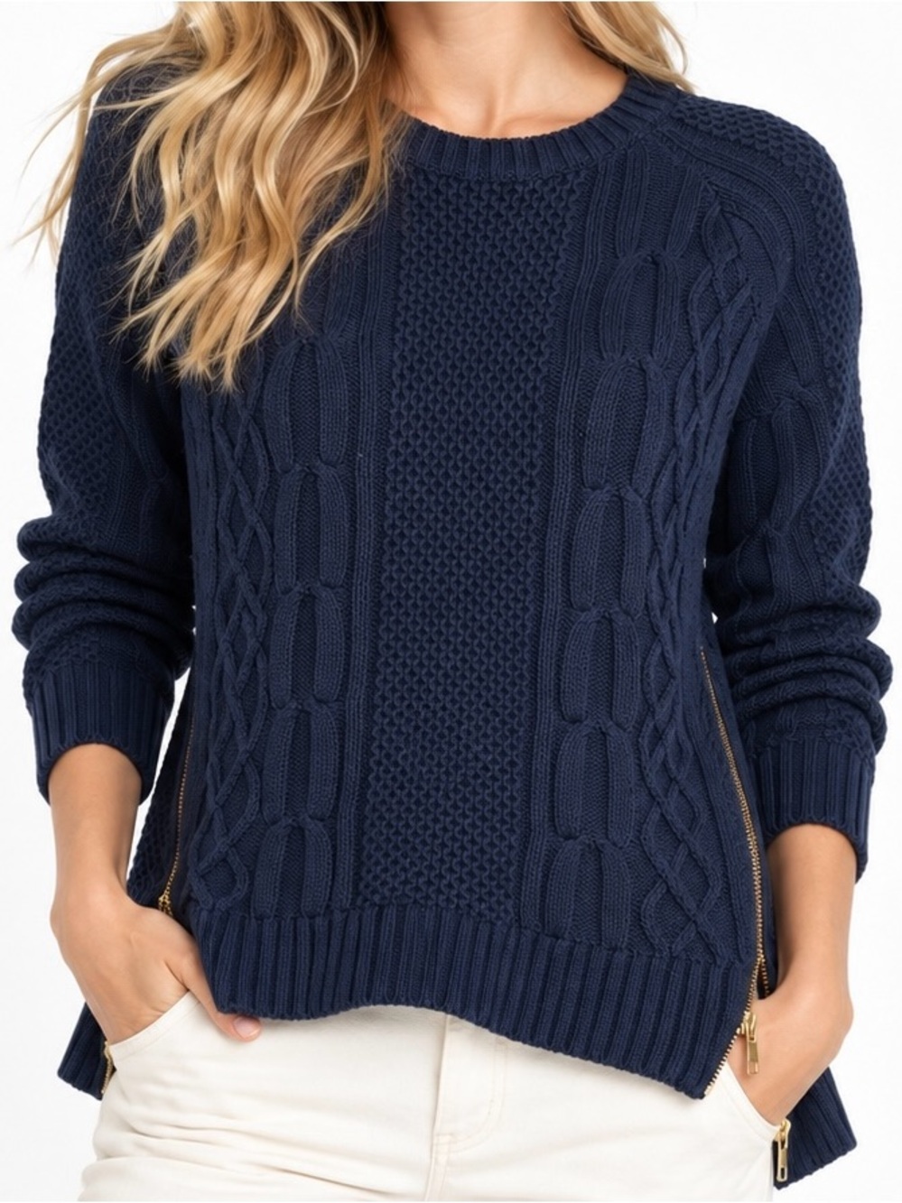 CAbi Navy Cable Knit Side Zip Sweater Large Quiet Luxury Coastal Preppy